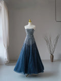 Charming Ball Gown Strapless Navy Blue With Silver Beads Tulle Sleeveless Prom Dresses Long Prom Gowns HZ0311