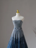 Charming Ball Gown Strapless Navy Blue With Silver Beads Tulle Sleeveless Prom Dresses Long Prom Gowns HZ0311
