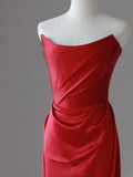Charming Mermaid Strapless Red Satin Long Prom Dresses Pleated Prom Gowns HZ0311