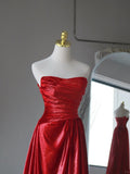Charming A line Strapless Red Sequins Sleeveless Long Prom Dresses Pleated Prom Gowns HZ0311