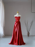 Charming A line Strapless Red Sequins Sleeveless Long Prom Dresses Pleated Prom Gowns HZ0311