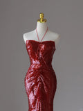 Charming Mermaid Halter Wine Red Sequins Sleeveless Long Prom Dresses Pleated Prom Gowns HZ0311