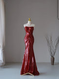 Charming Mermaid Halter Wine Red Sequins Sleeveless Long Prom Dresses Pleated Prom Gowns HZ0311