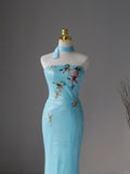 Charming Mermaid Strapless Blue Sequins Sleeveless Long Prom Dresses Appliqued Prom Gowns HZ0311