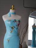 Charming Mermaid Strapless Blue Sequins Sleeveless Long Prom Dresses Appliqued Prom Gowns HZ0311