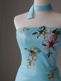 Charming Mermaid Strapless Blue Sequins Sleeveless Long Prom Dresses Appliqued Prom Gowns HZ0311