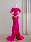 Classy Mermaid Strapless Hot Pink Satin Split Pleated Prom Dresses Formal Dress Birthday Outfits Prom Gown HZ0311