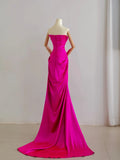Classy Mermaid Strapless Hot Pink Satin Split Pleated Prom Dresses Formal Dress Birthday Outfits Prom Gown HZ0311