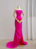 Classy Mermaid Strapless Hot Pink Satin Split Pleated Prom Dresses Formal Dress Birthday Outfits Prom Gown HZ0311