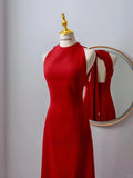 Simple A Line Scoop Neck Red Satin Backless Long Prom Dresses Formal Party Dress Prom Gown HZ0311