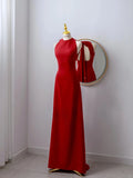 Simple A Line Scoop Neck Red Satin Backless Long Prom Dresses Formal Party Dress Prom Gown HZ0311