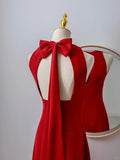 Simple A Line Scoop Neck Red Satin Backless Long Prom Dresses Formal Party Dress Prom Gown HZ0311