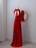 Simple A Line Scoop Neck Red Satin Backless Long Prom Dresses Formal Party Dress Prom Gown HZ0311