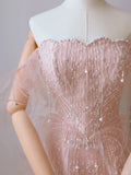 Cute Mermaid Off The Shoulder Blush Pink With Short Sleeves Beads Long Prom Dresses Formal Party Dress Prom Gown HZ0311