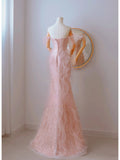 Cute Mermaid Off The Shoulder Blush Pink With Short Sleeves Beads Long Prom Dresses Formal Party Dress Prom Gown HZ0311
