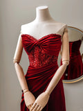 Charming Mermaid Sweetheart Red Velvet Long Prom Dresses Formal Party Dress Prom Gown HZ0311