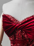 Charming Mermaid Sweetheart Red Velvet Long Prom Dresses Formal Party Dress Prom Gown HZ0311