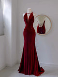 Simple Mermaid Scoop Neck Wine Red Velvet Backless Long Prom Dresses Formal Party Dress Prom Gown HZ0311