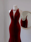Simple Mermaid Scoop Neck Wine Red Velvet Backless Long Prom Dresses Formal Party Dress Prom Gown HZ0311