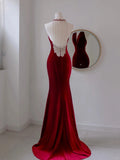 Simple Mermaid Scoop Neck Wine Red Velvet Backless Long Prom Dresses Formal Party Dress Prom Gown HZ0311