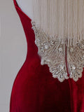 Simple Mermaid Scoop Neck Wine Red Velvet Backless Long Prom Dresses Formal Party Dress Prom Gown HZ0311