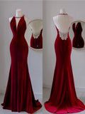 Simple Mermaid Scoop Neck Wine Red Velvet Backless Long Prom Dresses Formal Party Dress Prom Gown HZ0311