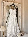 Vintage Prom Dresses A line Spaghetti Strap Sleeveless White Lace Prom Dress Inspiration Long Prom Dresses HZ0311