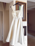 Elegant A Line Square Neck White Satin Tea Length Prom Dresses Party Gowns HZ0311