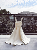 Elegant A Line Square Neck White Satin Tea Length Prom Dresses Party Gowns HZ0311