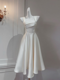 Elegant A Line Square Neck White Satin Tea Length Prom Dresses Party Gowns HZ0311
