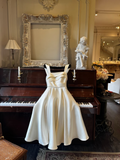 Elegant A Line Square Neck White Satin Tea Length Prom Dresses Party Gowns HZ0311