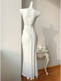 Modest long mermaid spaghetti straps white silk satin prom dress Formal Party Gown HZ0311