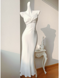 Modest long mermaid spaghetti straps white silk satin prom dress Formal Party Gown HZ0311