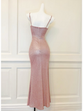 Modest long mermaid spaghetti straps pink sequins prom dress Formal Party Gown HZ0311