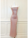Modest long mermaid spaghetti straps pink sequins prom dress Formal Party Gown HZ0311