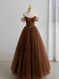Modest Ball Gown Sweetheart Tulle Brown Prom Dresses Long Sweet 16 Birthday Party Dress Evening Dresses HZ0311