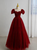 Modest Ball Gown Sweetheart Tulle Burgundy Prom Dresses Long Sweet 16 Birthday Party Dress Evening Dresses HZ0311