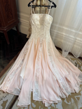 Modest a line spaghetti straps pink chiffon lace prom dress formal party dresses HZ0311