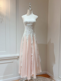 Vintage Prom Dresses A line Spaghetti Strap Sleeveless Pink Lace Prom Dress Inspiration Long Prom Dresses HZ0311