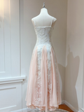 Vintage Prom Dresses A line Spaghetti Strap Sleeveless Pink Lace Prom Dress Inspiration Long Prom Dresses HZ0311