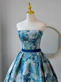 Modest Ball Gown Strapless Floral Blue Satin Prom Dresses Long Sweet 16 Birthday Party Dress Evening Dresses HZ0311