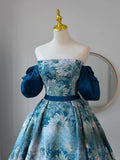 Modest Ball Gown Strapless Floral Blue Satin Prom Dresses Long Sweet 16 Birthday Party Dress Evening Dresses HZ0311