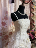 Retro Ball Gown Spaghetti Strap Lace 60s White Fitted Corset Bride Gown Long Wedding Dresses HZ0311