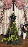 Vintage Mermaid Halter Green Satin With Beads Sequins Sleeveless 90s Long Prom Dresses Prom Gowns HZ0311