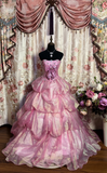 Retro Ball Gown Strapless Pink Organza Long Prom Dresses 80s 70s Prom Gowns HZ0311