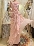 Chic A Line One Shoulder Pink Chiffon Sleeveless Prom Dresses Long Prom Gowns HZ0311
