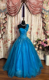 Charming Ball Gown One Shoulder Blue Tulle Beaded Long Quinceanera Dress Sweet 15 16 Dresses HZ0311