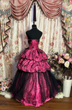 Retro Ball Gown Strapless Hot Pink Satin Black Tulle Long Prom Dresses 80s 70s Prom Gowns HZ0311