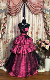 Retro Ball Gown Strapless Hot Pink Satin Black Tulle Long Prom Dresses 80s 70s Prom Gowns HZ0311