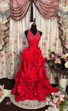 Retro Ball Gown Halter Red Satin With Silver Beads Long Prom Dresses 80s 70s Prom Gowns HZ0311
